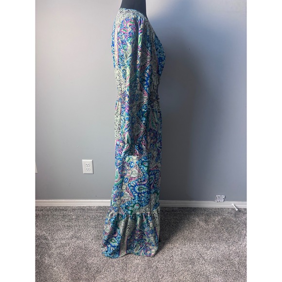Boho Paisley Print V-Neck Maxi Dress Blue Purple Smocked Waist Tiered - Picture 9 of 12